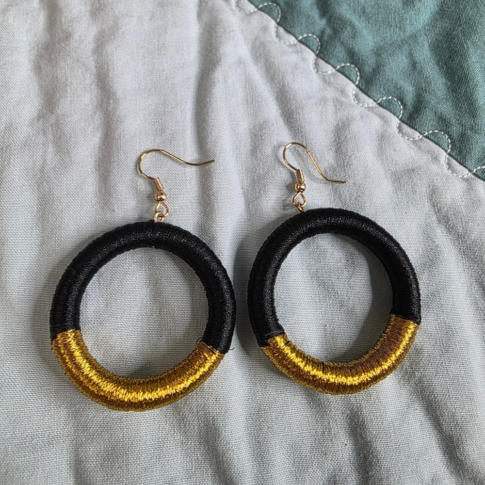 Black and Gold Thread‎ Wrapped Hoop Earrings Two Tone Boho Jewelry